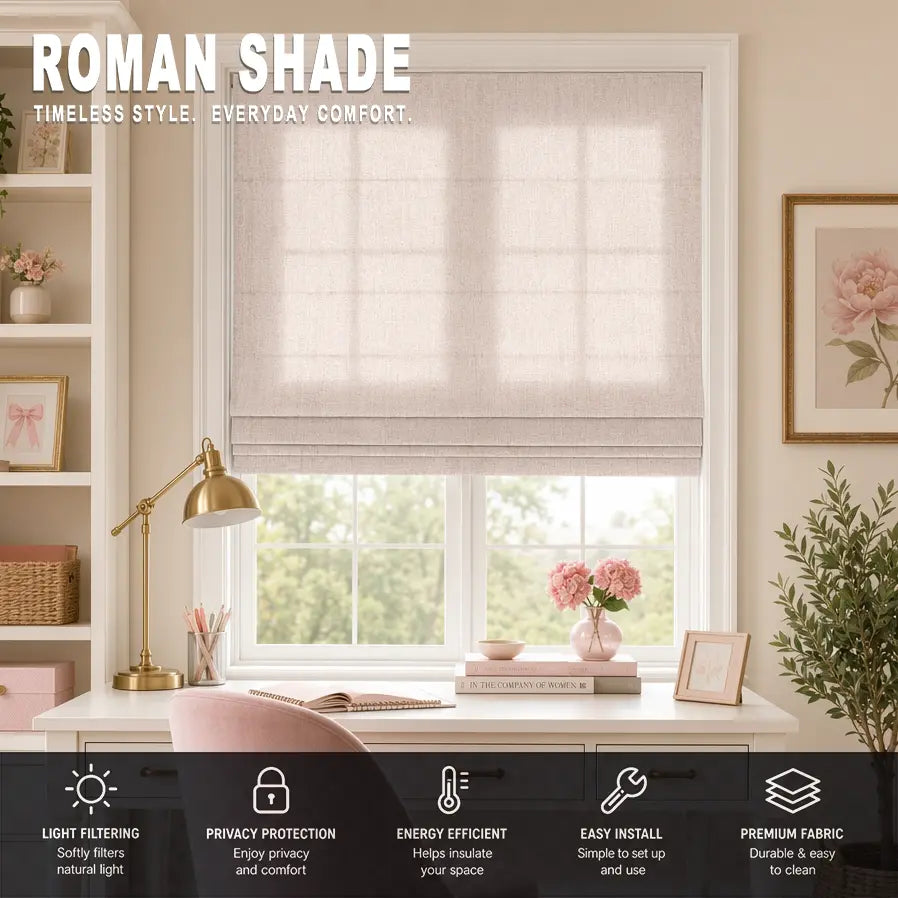 Custom Semi-Blackout Roman Shades – Soft Light & Privacy – color 1038F-04