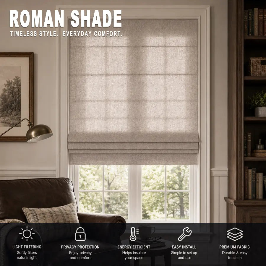 Custom Semi-Blackout Roman Shades – Soft Light & Privacy – color 1038F-06