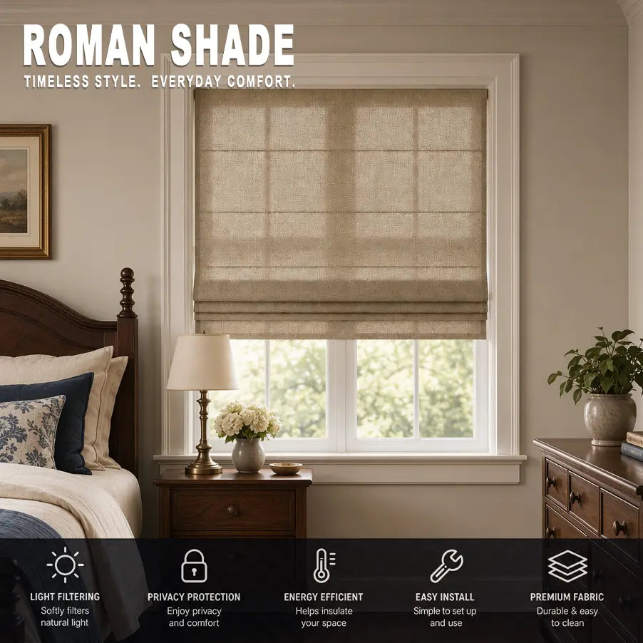 Custom Semi-Blackout Roman Shades – Soft Light & Privacy – color 1038F-20