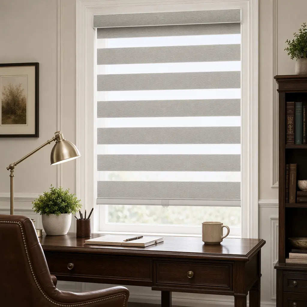 Custom Zebra Shades – Dual Layer Light Filtering – color OM11-2