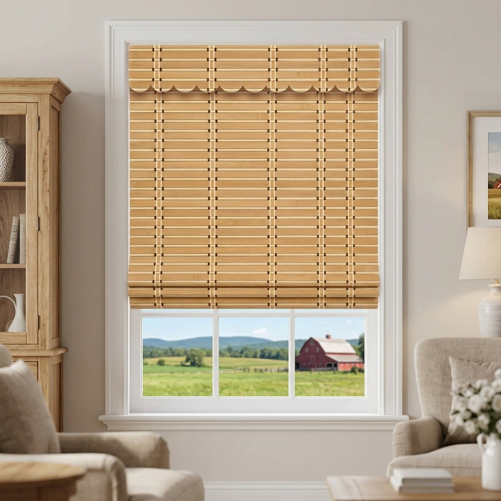 Natural bamboo shade above a window beside a sofa