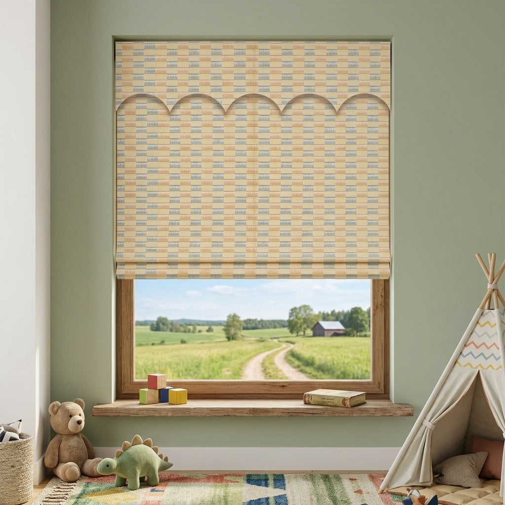 Pale woven bamboo shade in a bright reading area