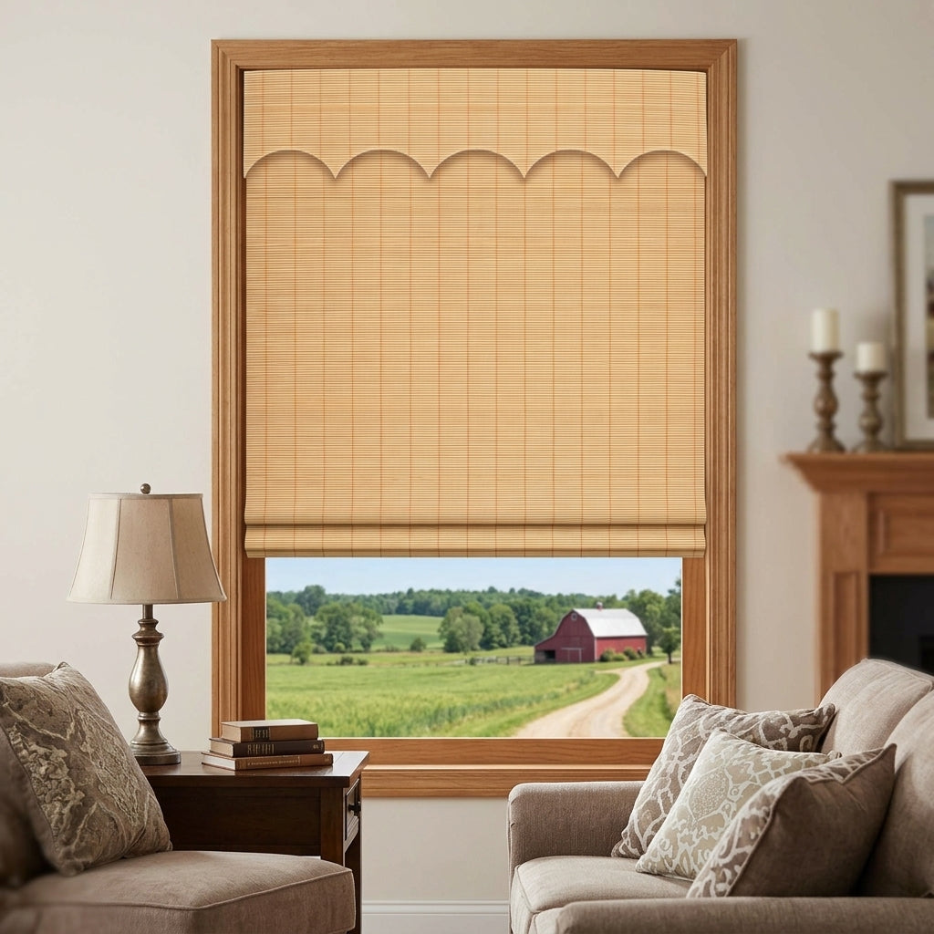 Natural bamboo shade over a window beside living room seating