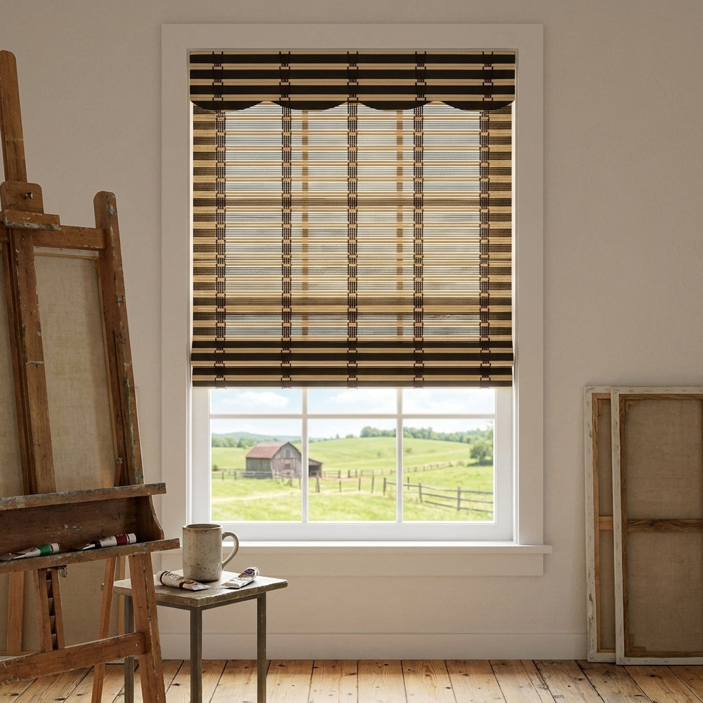 Dark woven bamboo shade above a window beside an easel