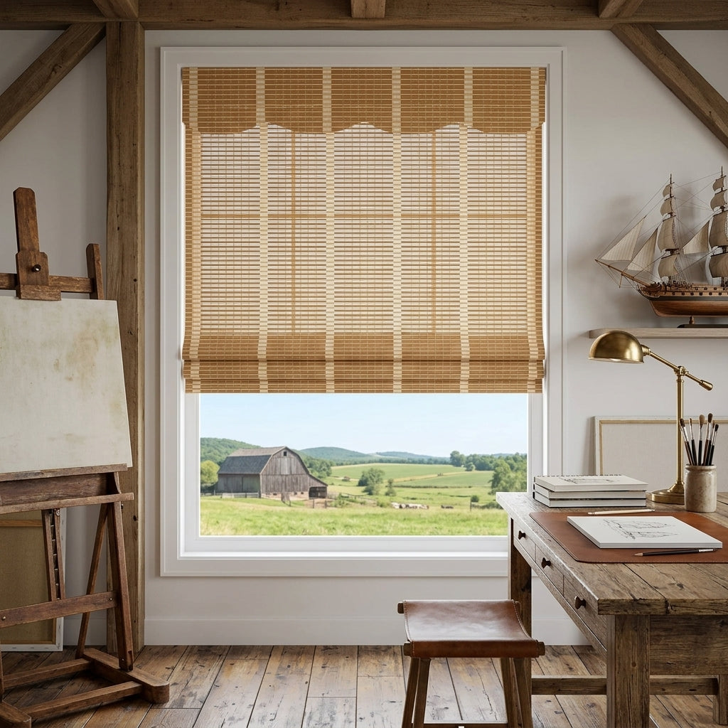 Woven bamboo shade over a window beside a worktable