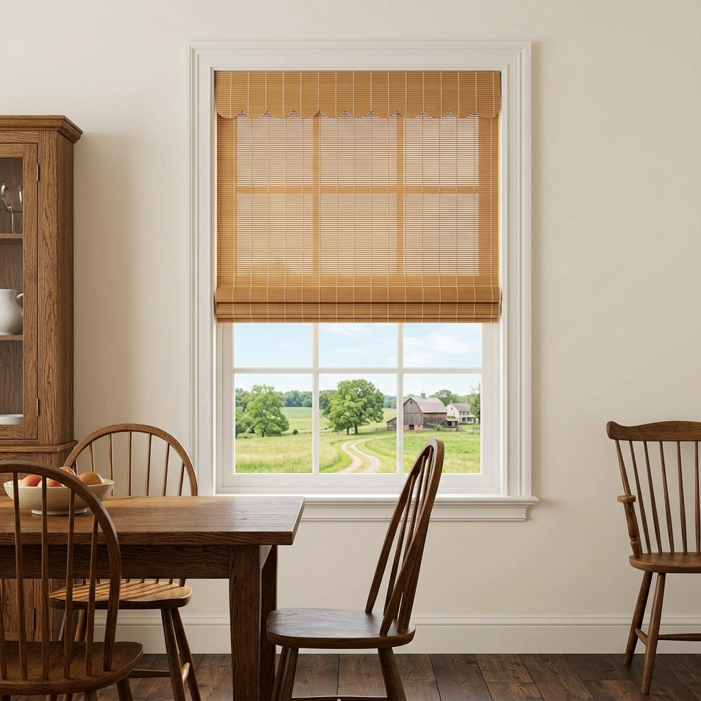 Natural woven bamboo shade above a dining room window