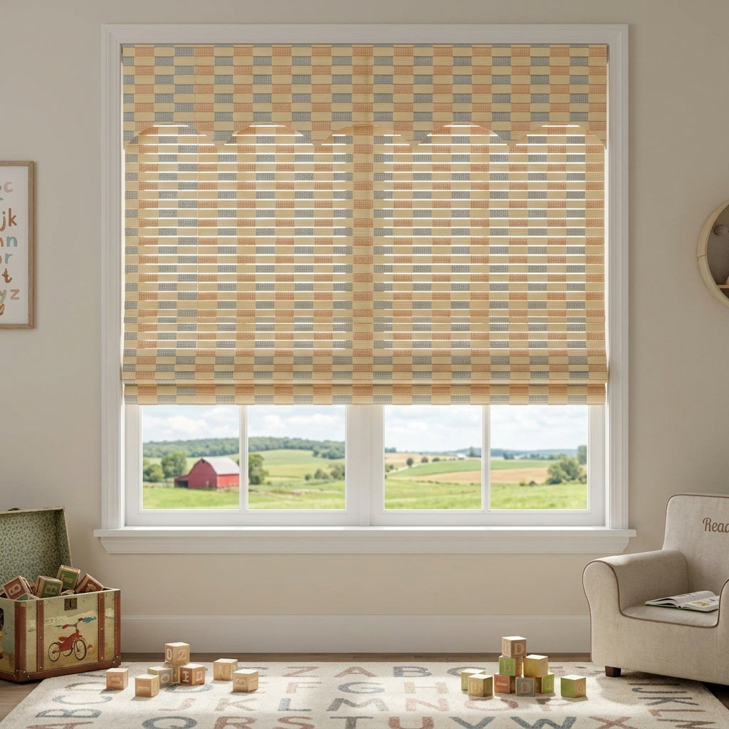 Pale woven bamboo shade over a living room window