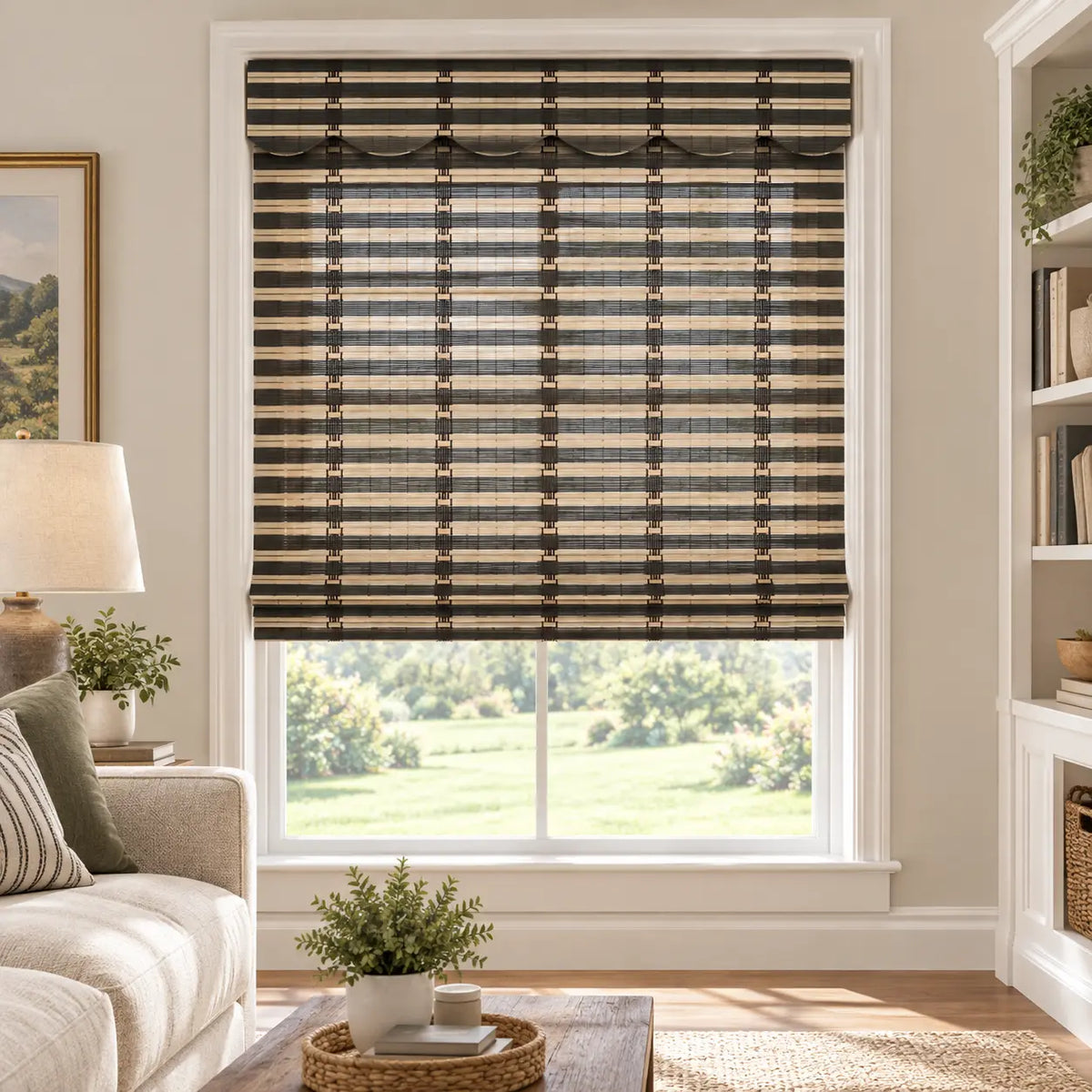 Dark woven bamboo shade over a window in a sitting room