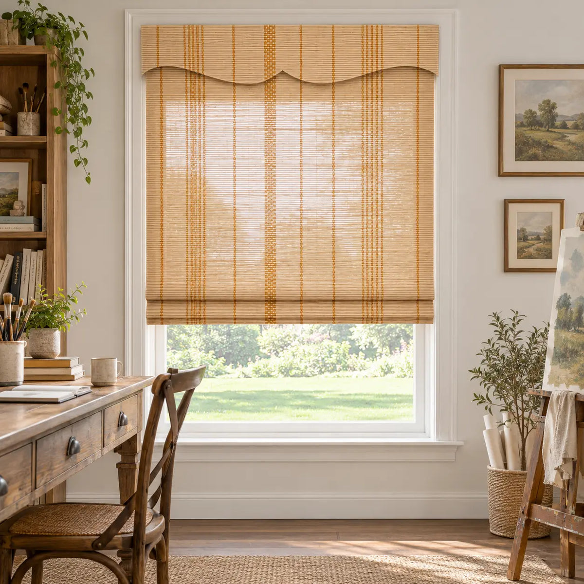 Natural bamboo shade with a shaped valance beside a dining table