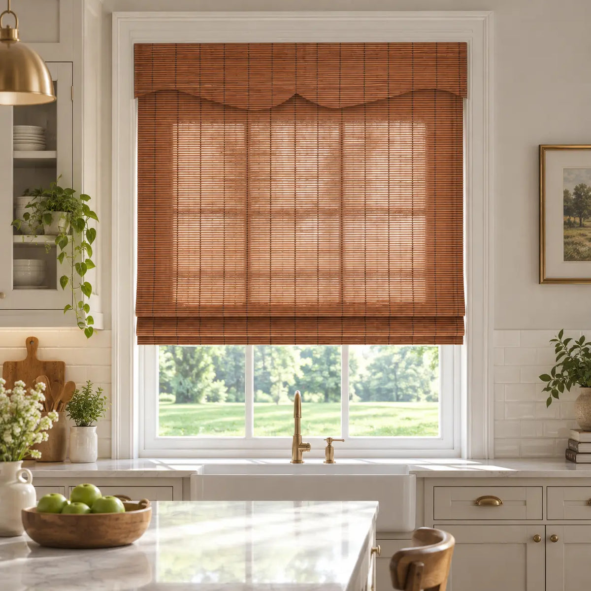 Brown bamboo shade with a shaped valance above a kitchen sink