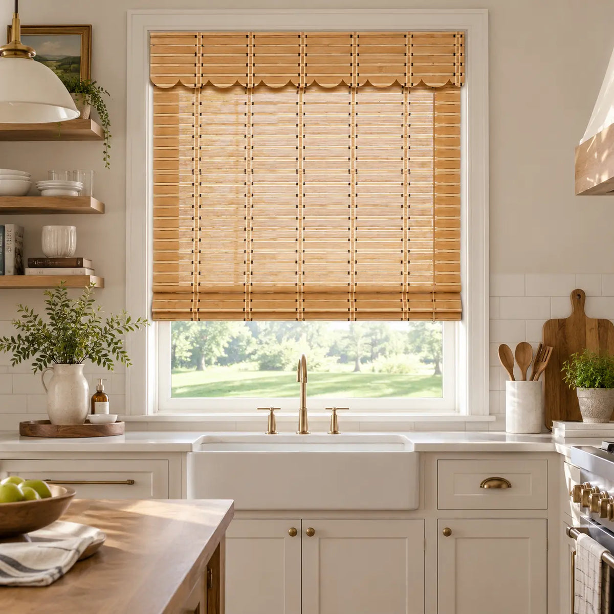 Natural bamboo shade with a decorative valance above a kitchen sink