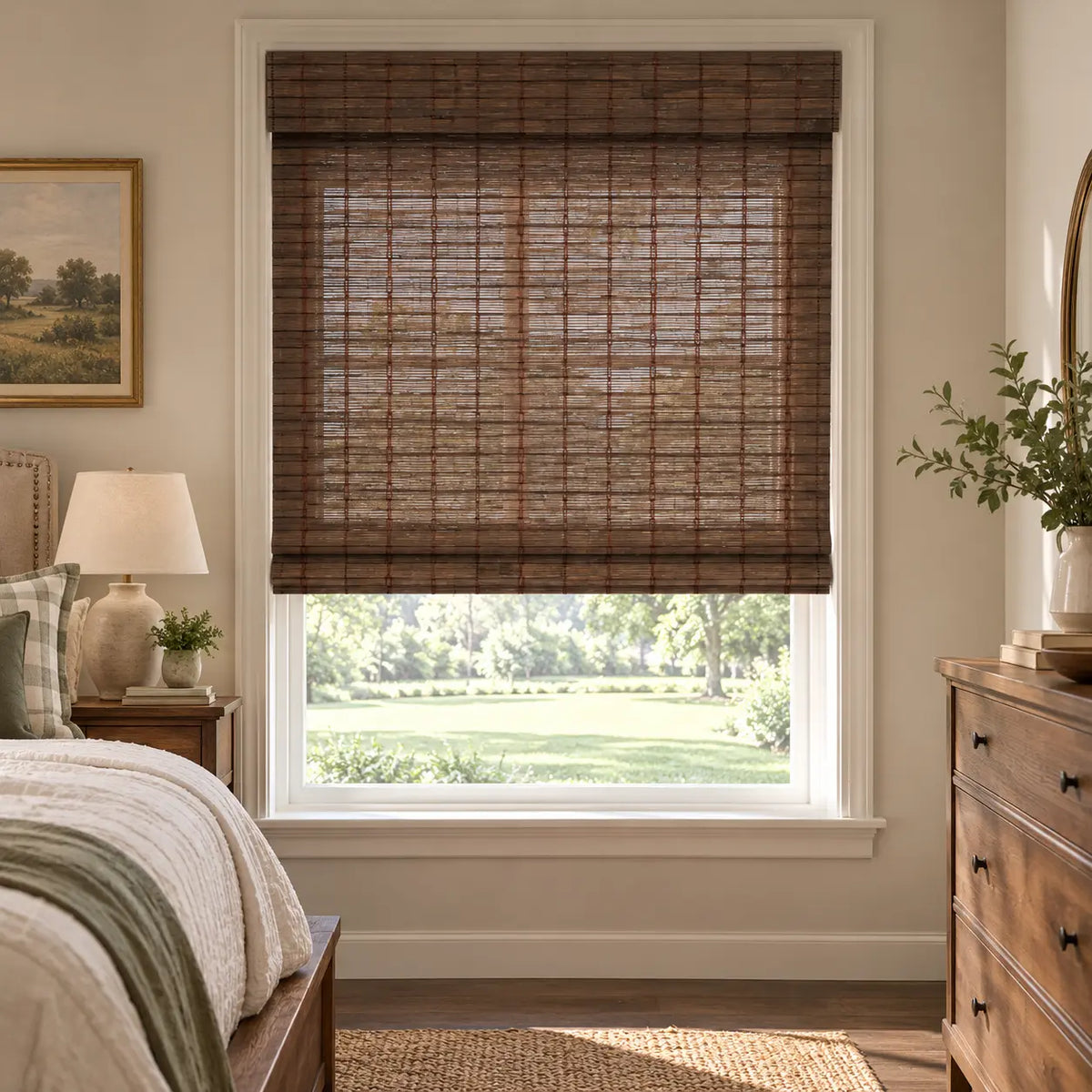 Dark bamboo shade above a bedroom window