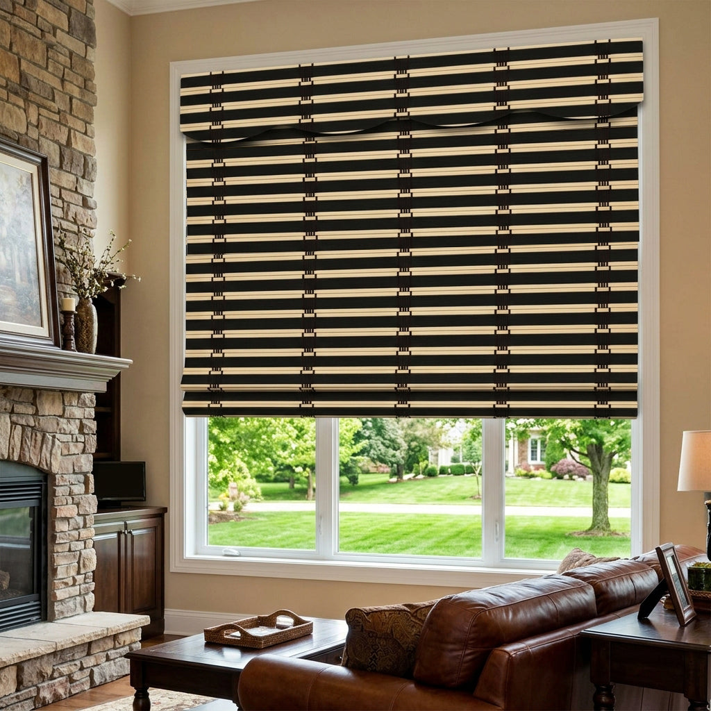 Dark woven bamboo shade over a window behind a leather sofa