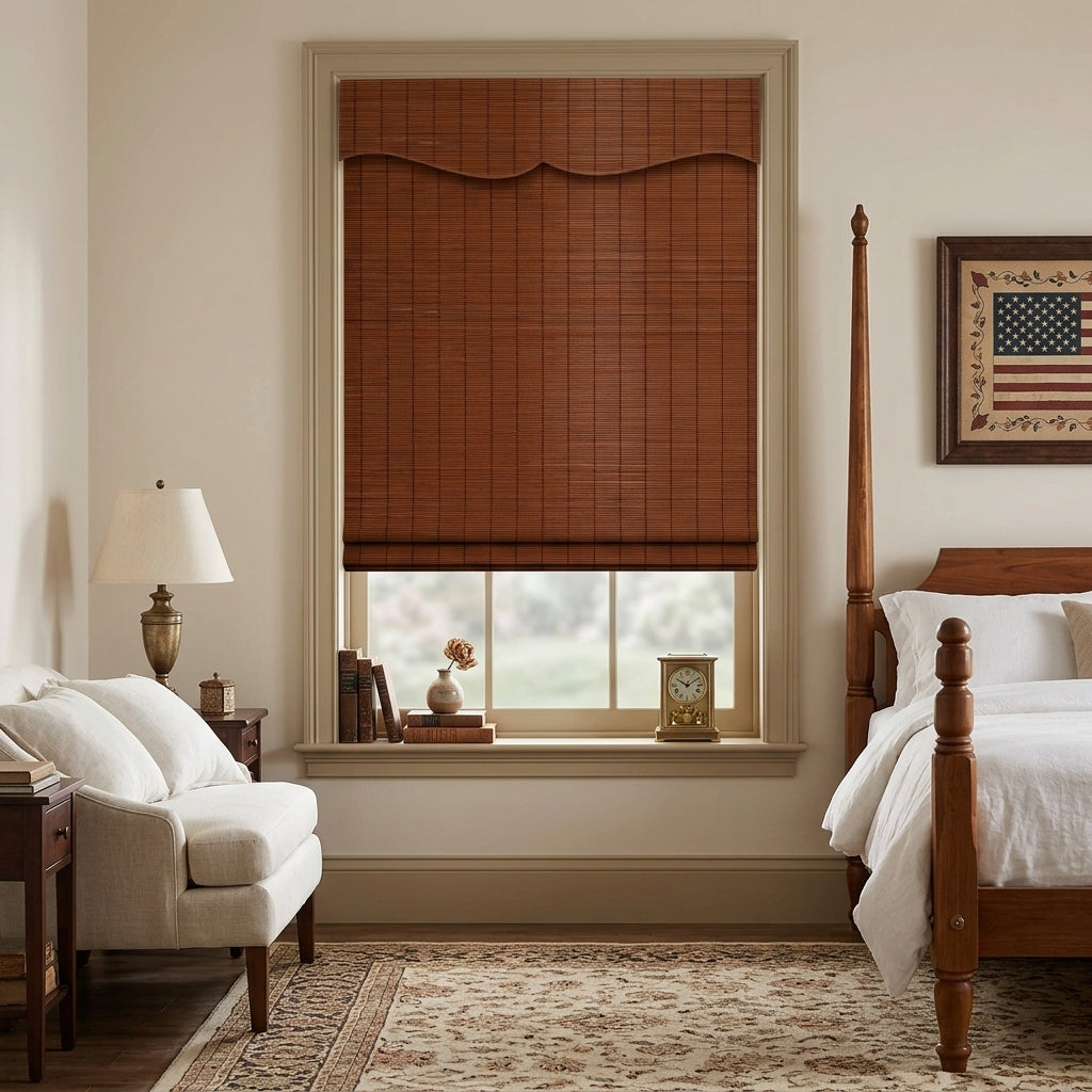 Brown woven bamboo shade in a bedroom seating area