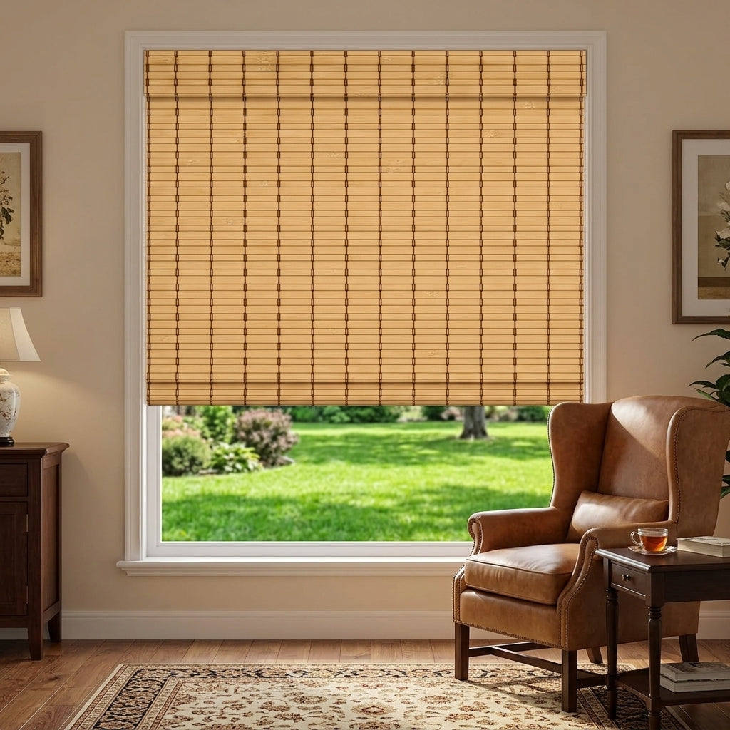 Natural bamboo shade beside a leather armchair