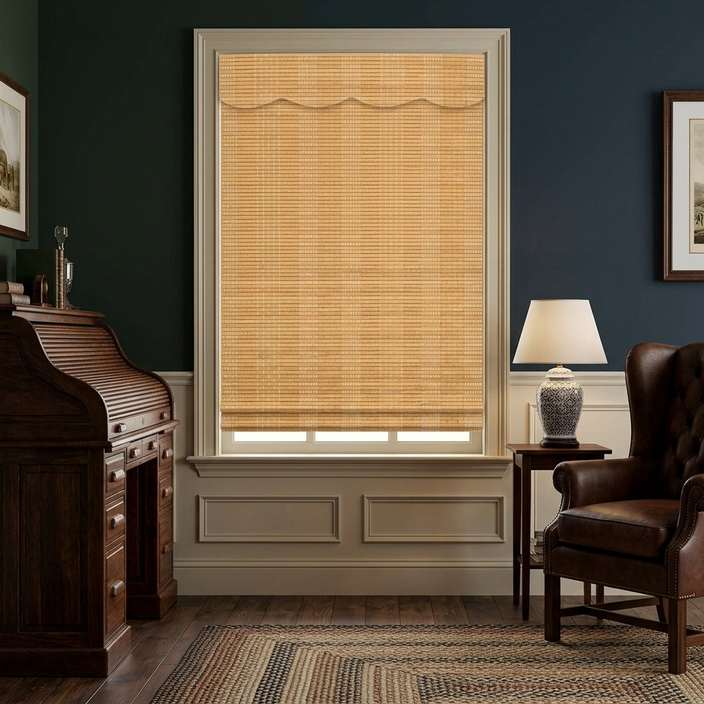 Pale woven bamboo shade over a window beside a dark armchair