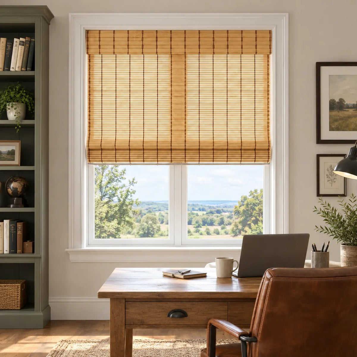 Natural bamboo shade over a window behind a wooden desk