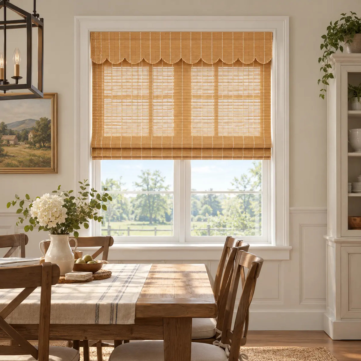 Woven bamboo shade above a dining room window