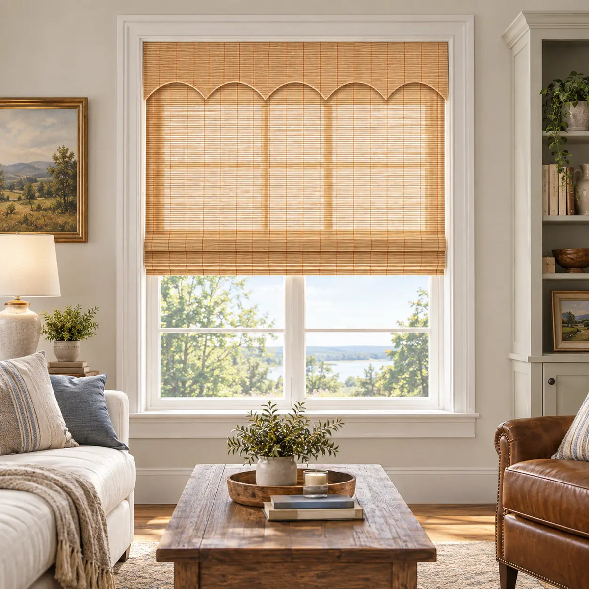 Natural bamboo shade with a shaped valance in a sitting room
