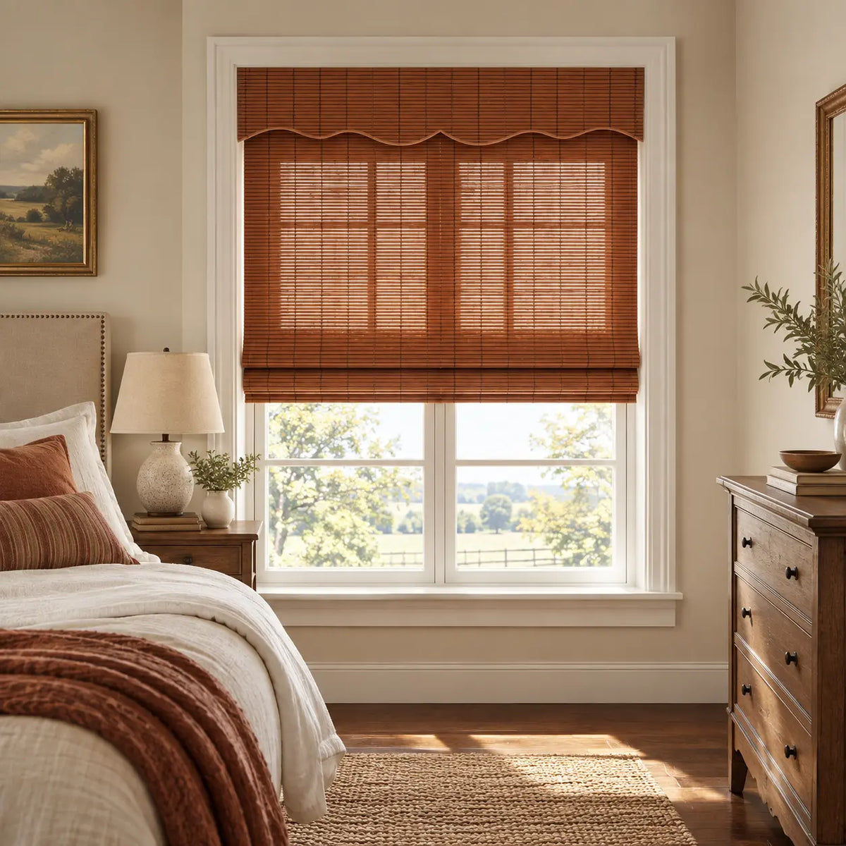 Brown bamboo shade with a shaped valance beside a bed
