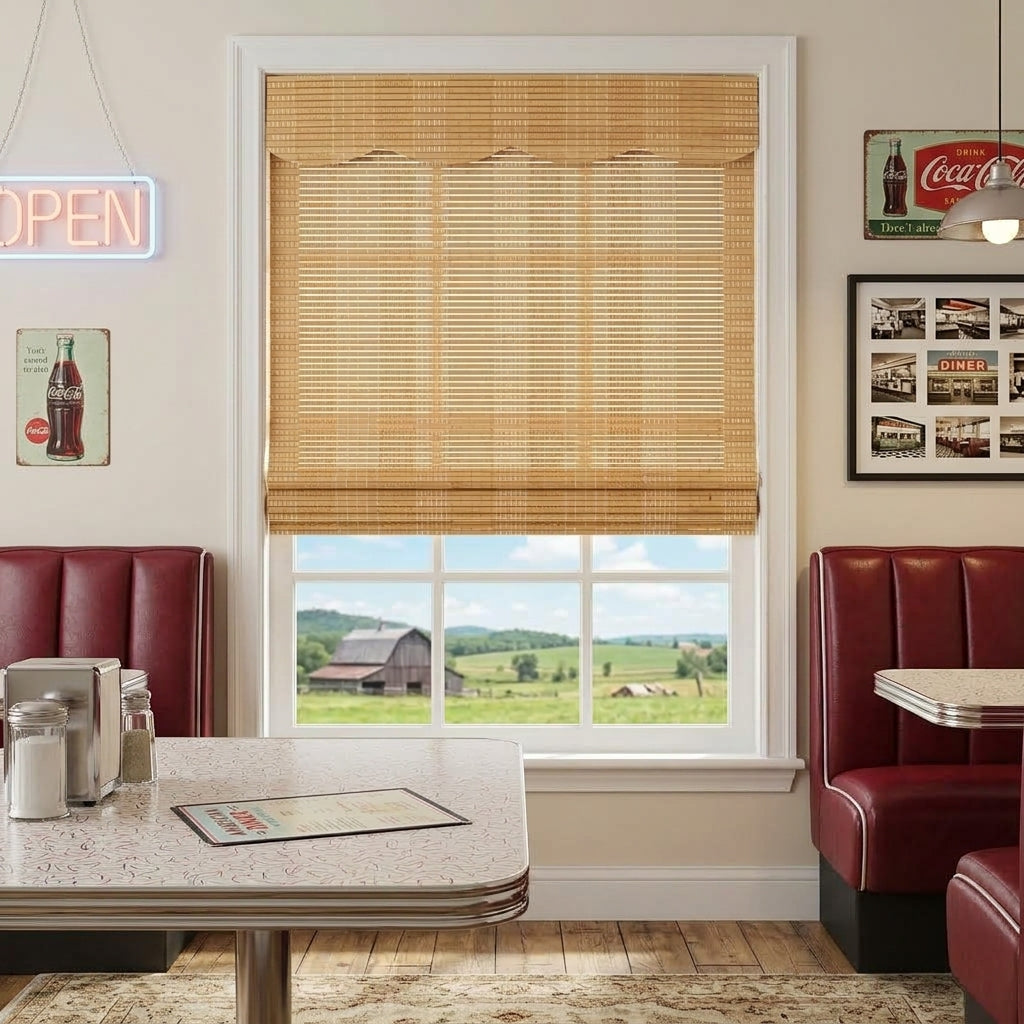 Natural bamboo shade over a window in a home office