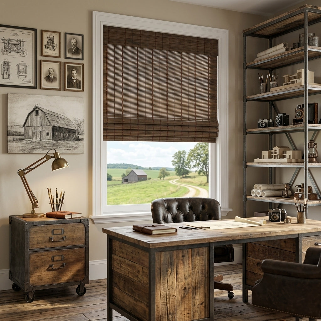 Dark bamboo window shade in a home office with bookshelves