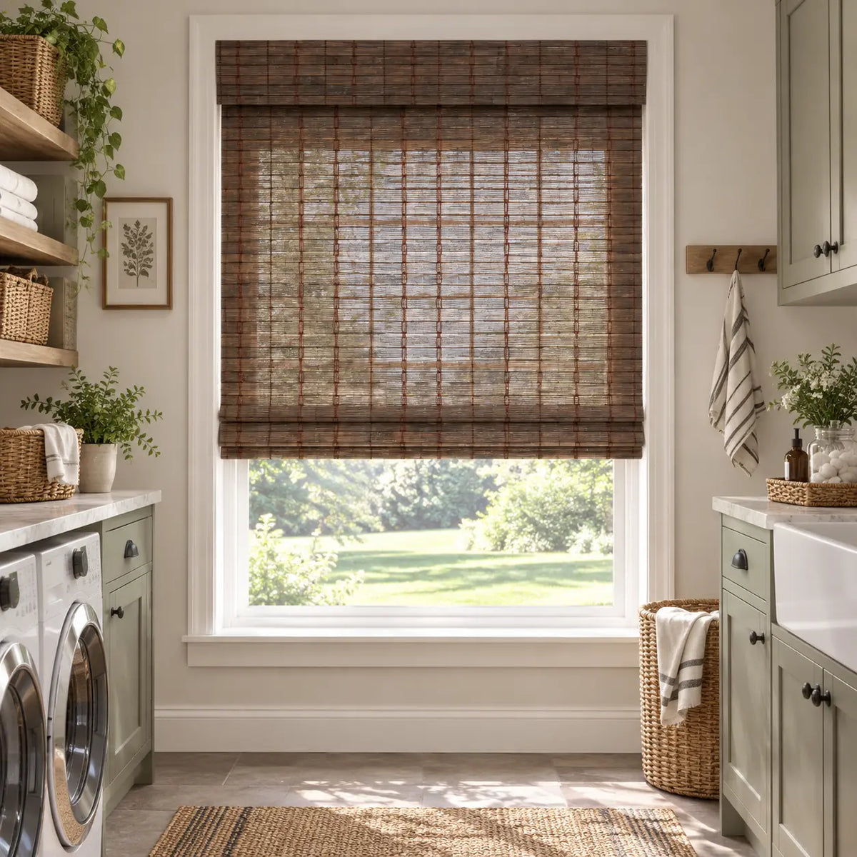 Dark woven bamboo shade over a laundry room window