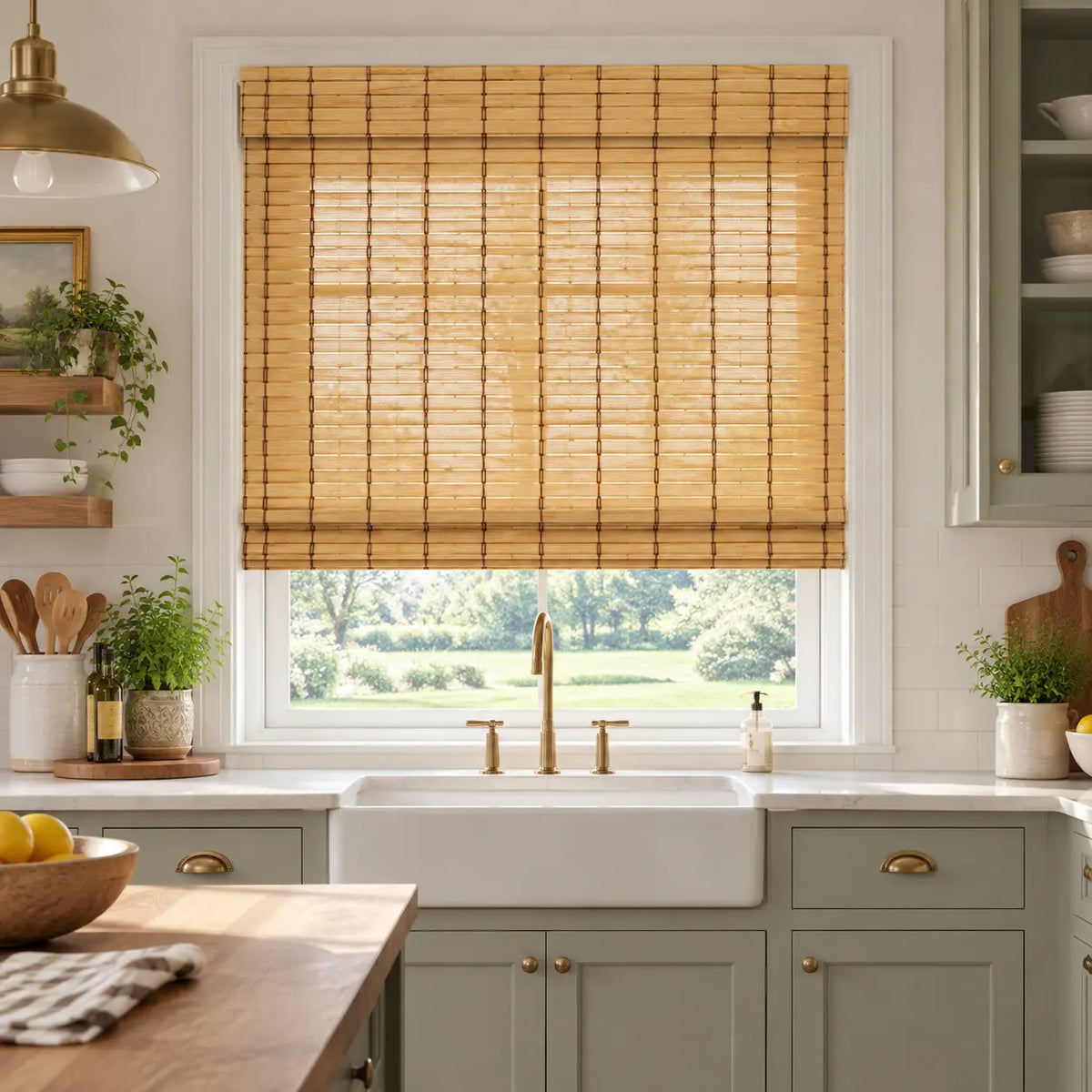 Natural bamboo shade above a kitchen sink
