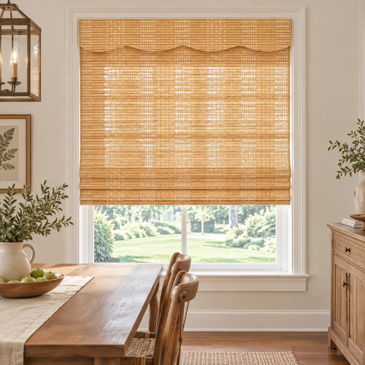 Woven bamboo shade with a shaped valance beside a dining table