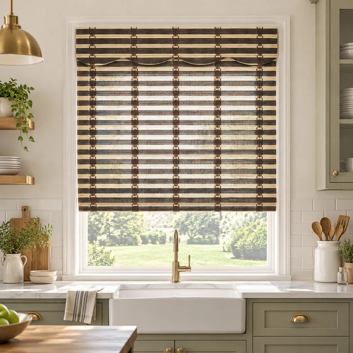 Dark woven bamboo shade above a kitchen window