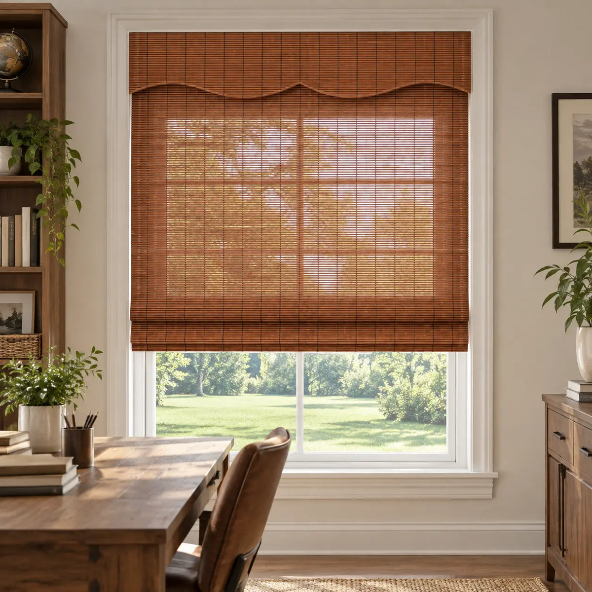 Brown bamboo shade beside a dining table