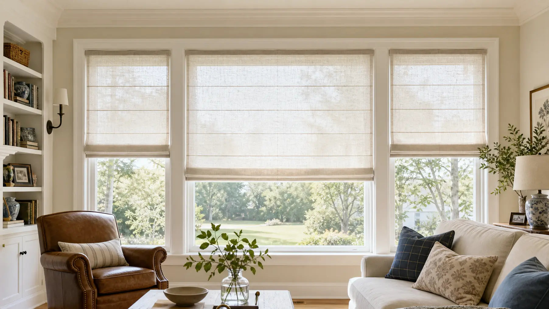 Custom light-filtering curtains in a living room