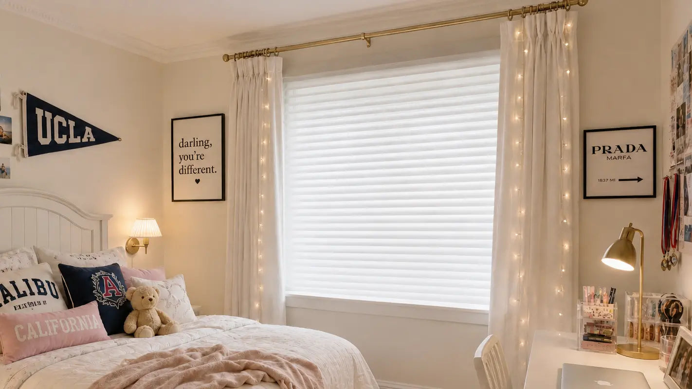 Custom room-darkening shades in a bedroom