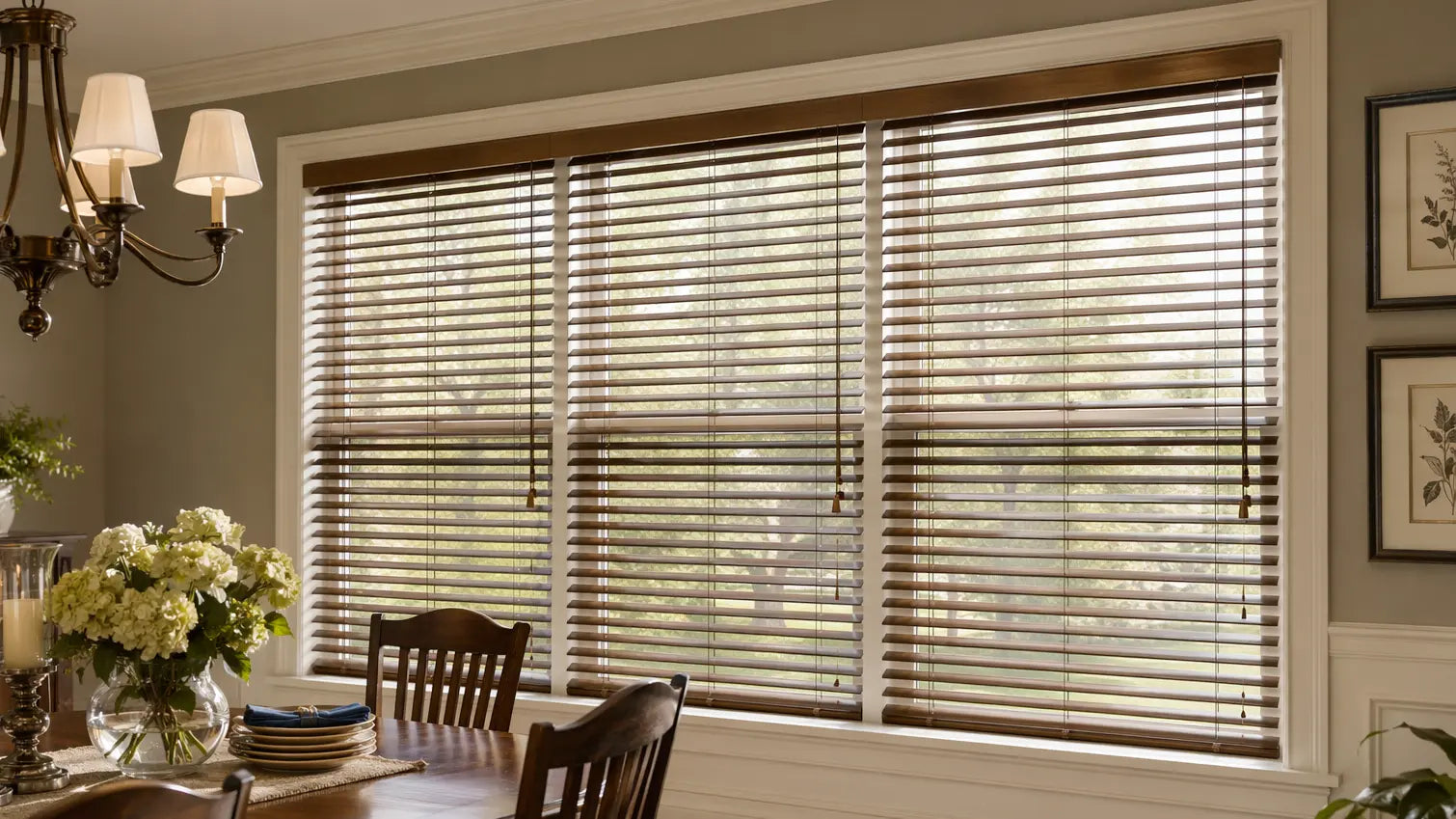 Custom light-filtering shades in a dining room