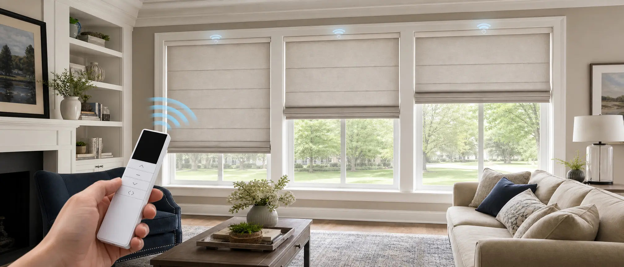 Motorized custom window shades in a living room