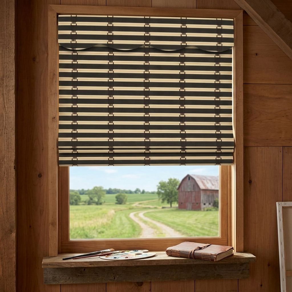 Dark woven bamboo shade partly lowered over a wood-framed window