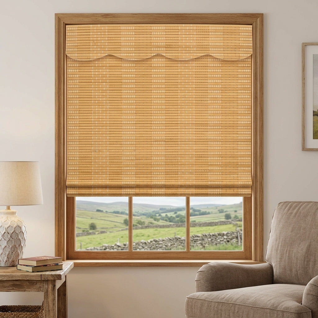 Natural bamboo shade above a window beside an armchair