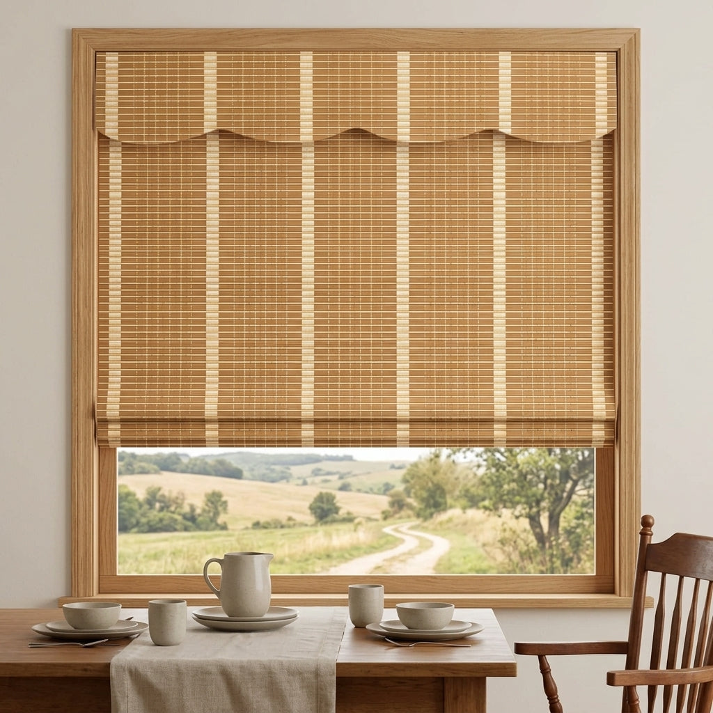 Bamboo shade with a shaped valance above a dining table