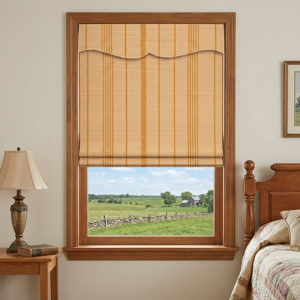 Natural bamboo shade beside a bedroom headboard and lamp