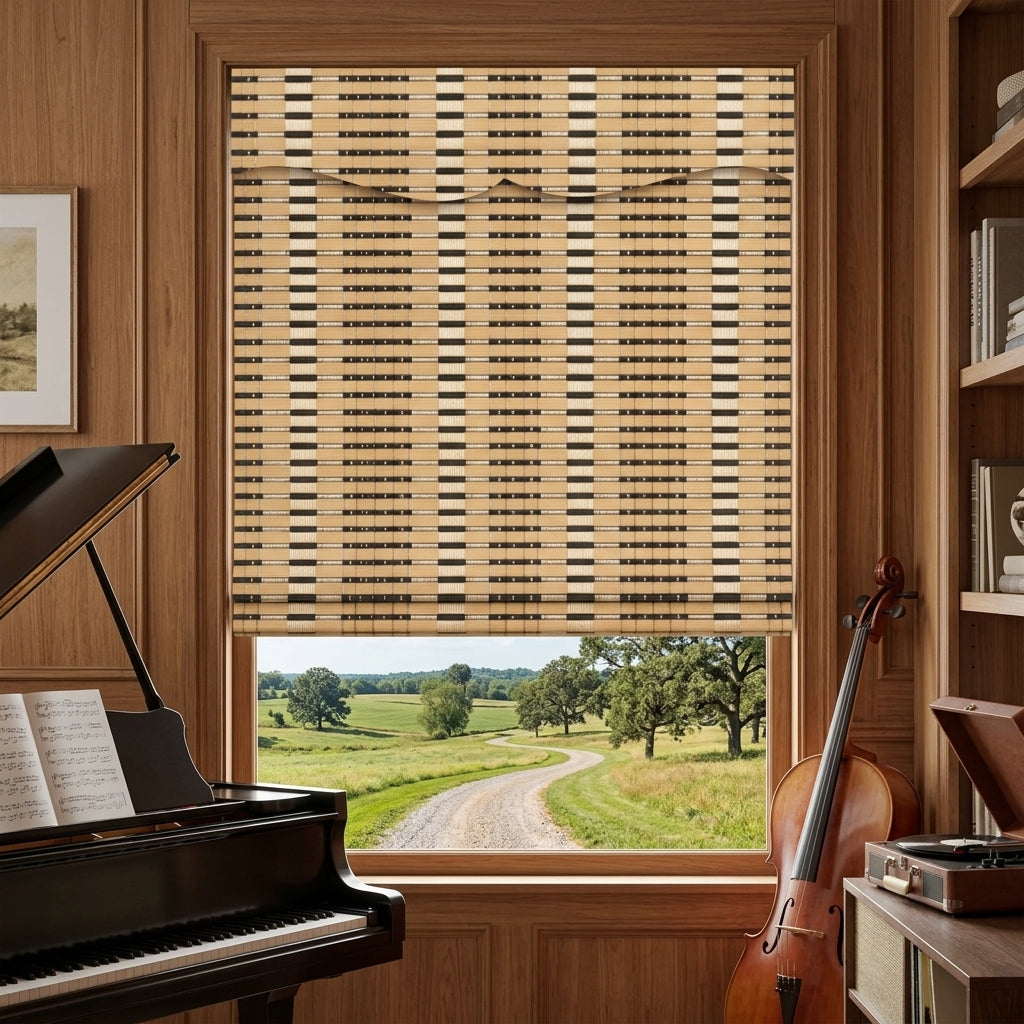 Woven bamboo shade above a window beside a piano