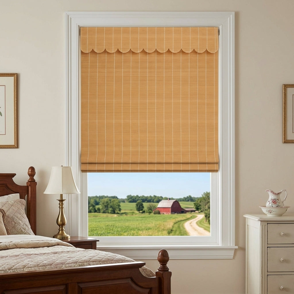 Bamboo shade with a shaped valance above a bedroom window