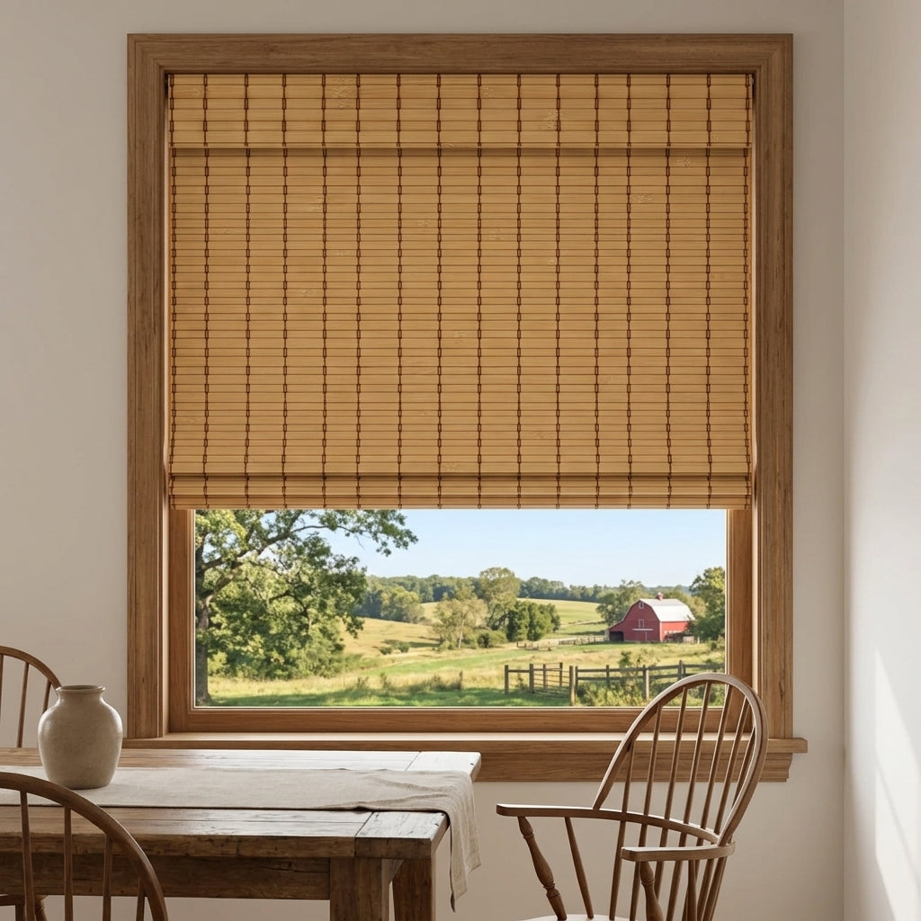 Bamboo shade above a window behind a round dining table