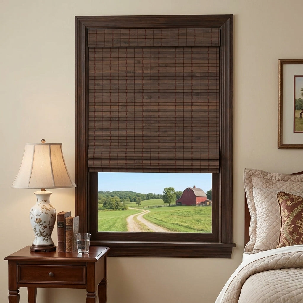 Dark woven bamboo shade beside a bedside lamp
