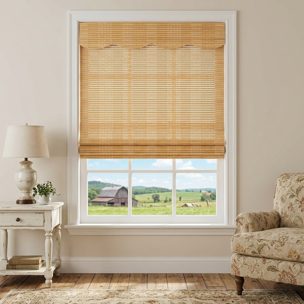 Natural bamboo shade over a window in a sitting room