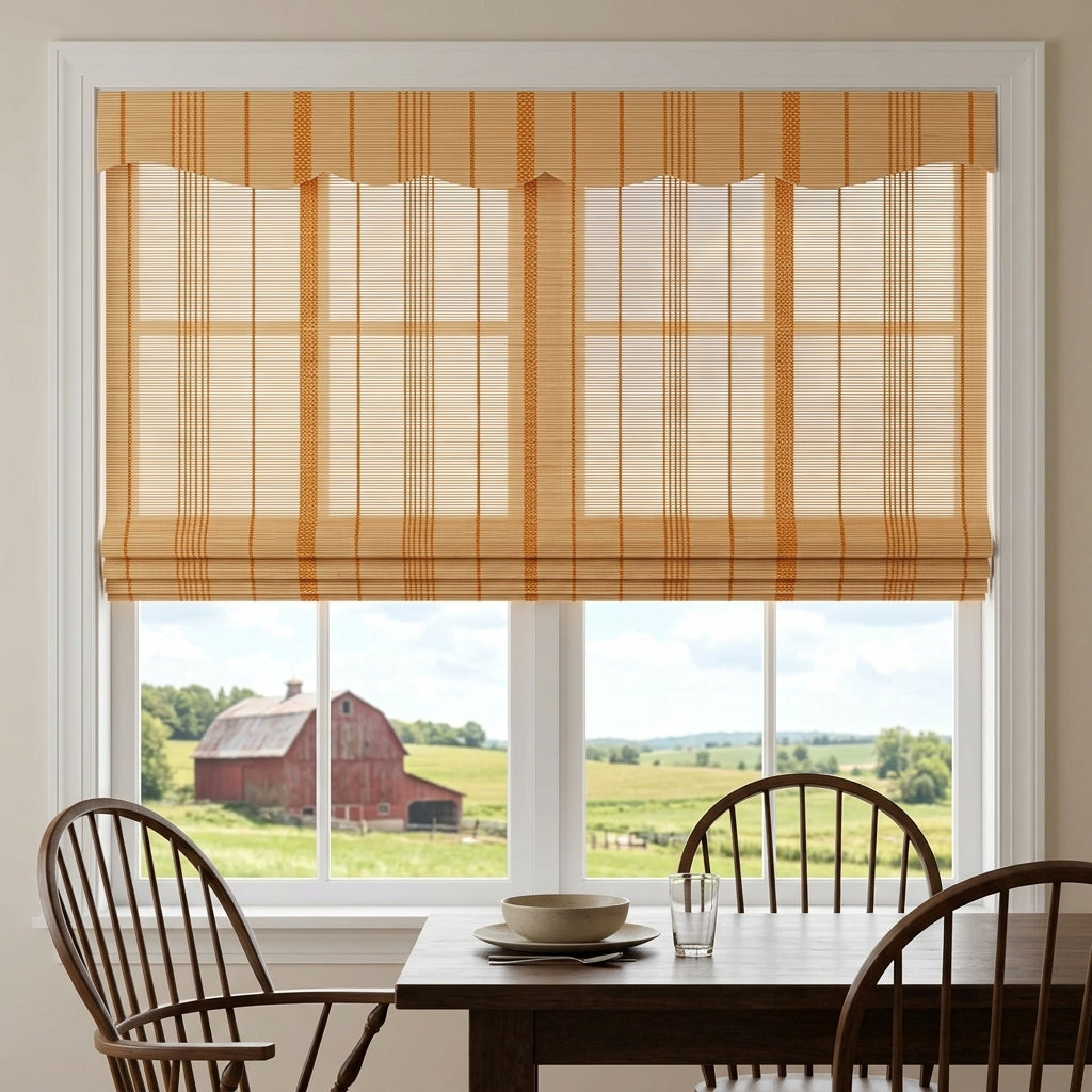 Bamboo window shade above a dining table and wooden chairs