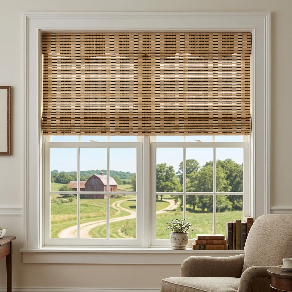 Woven bamboo window shade beside a living room armchair