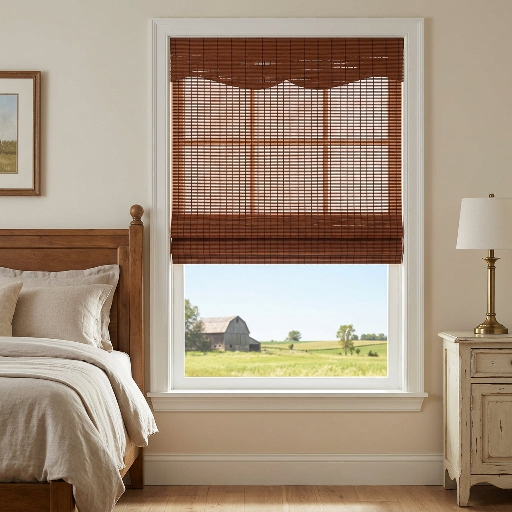 Brown bamboo shade beside a bedroom headboard