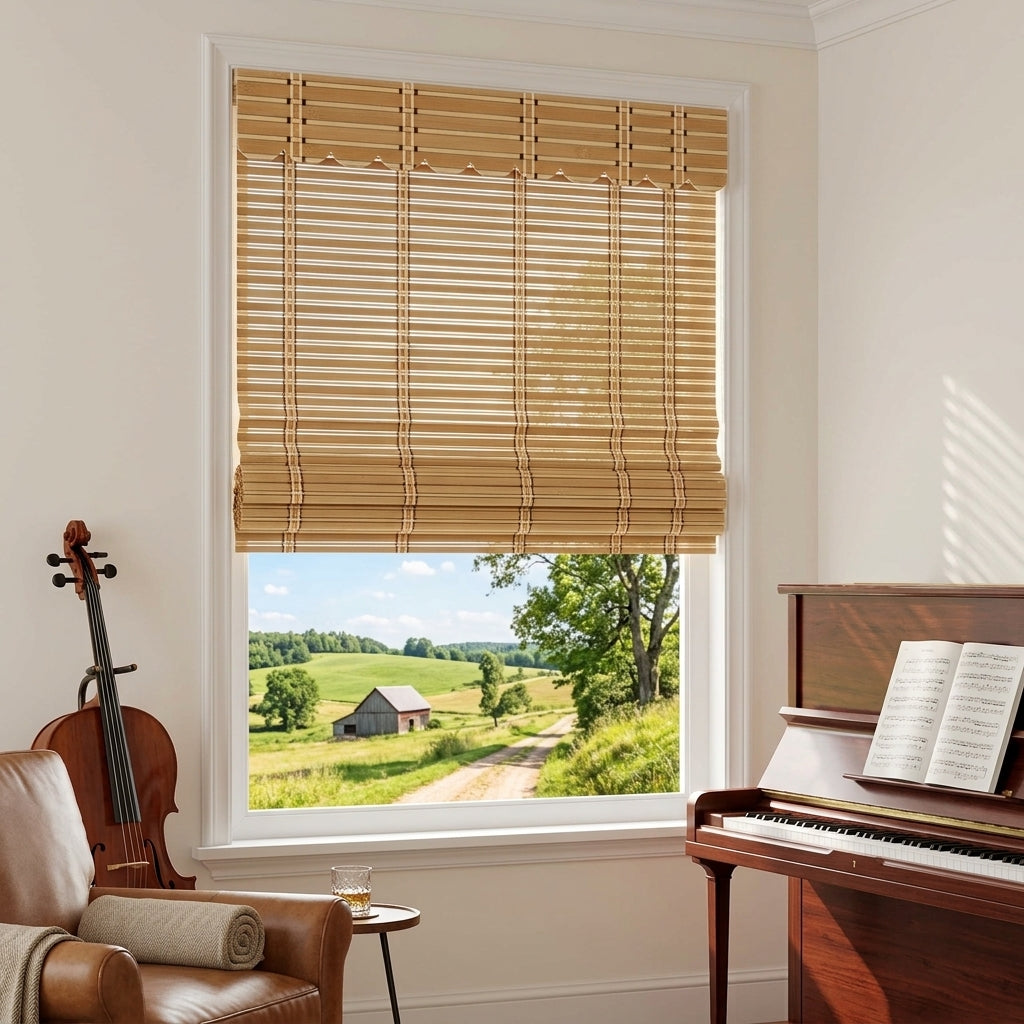 Bamboo shade beside a piano and stringed instrument