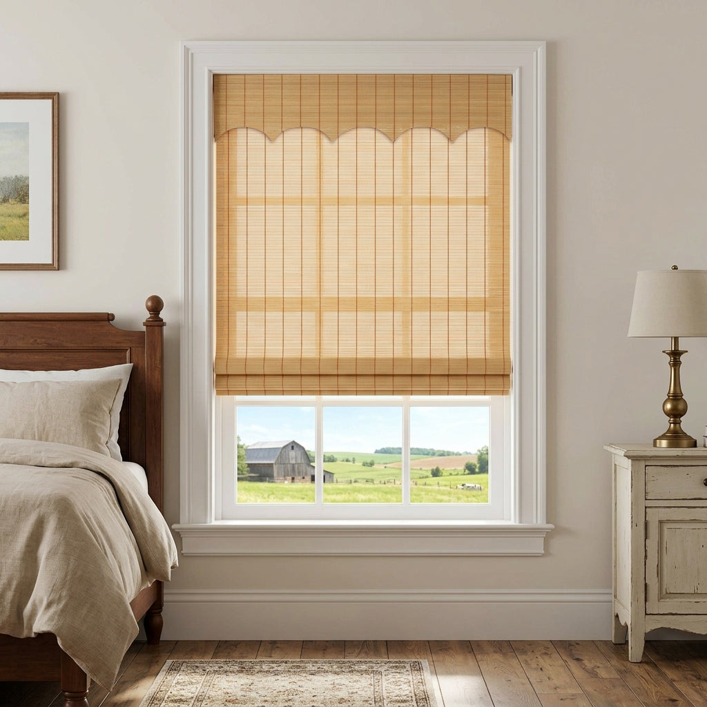 Bamboo window shade above a bed and bedside lamp