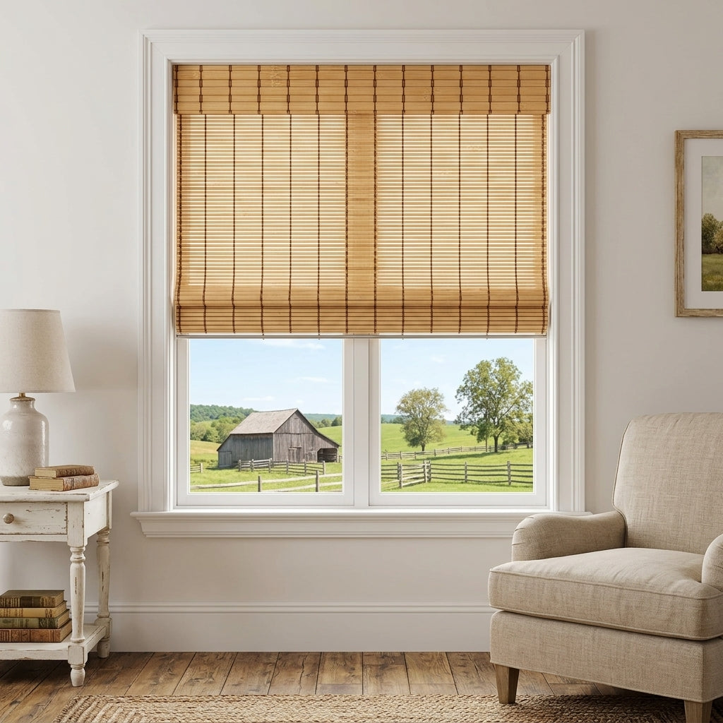Natural bamboo shade over a window beside an armchair